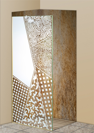 Shower Partition showcasing a Frosted Glass Geometric Design with Sandblast Etched Glass Art by Sans Soucie Matrix Angles Design