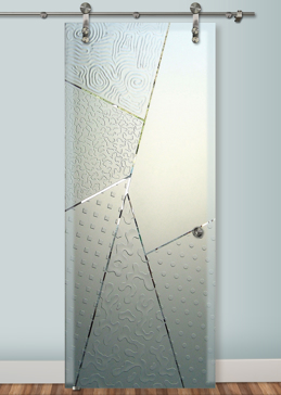 Semi-Private Sliding Glass Barn Door with Sandblast Etched Glass Art by Sans Soucie Featuring Matrix Angles Abstract Design