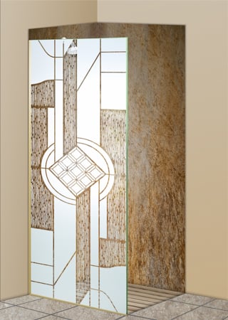Shower Partition featuring a Frosted Glass Traditional Design Sandblast Etched Glass Matrix Chardonnay Design by Sans Soucie