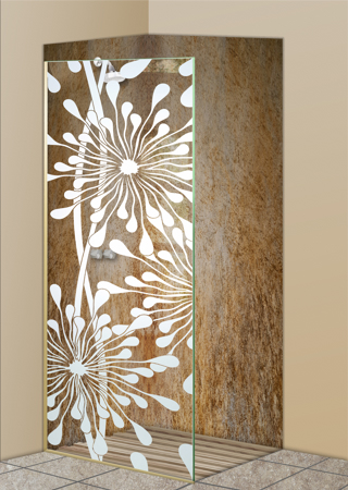 Shower Partition featuring a Frosted Glass Geometric Design Sandblast Etched Glass Maypop Design by Sans Soucie