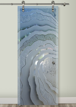 Custom-Designed Decorative Glass Barn Door with Sandblast Etched Glass by Sans Soucie Art Glass Handcrafted by Glass Artists