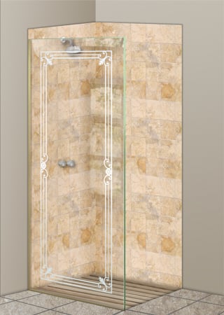 Shower Partition with a Frosted Glass Miranda Wrought Iron Design for Semi-Private by Sans Soucie Art Glass