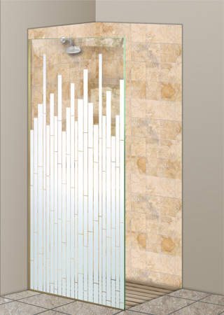 Shower Partition featuring Frosted Glass Design Etched Glass by Sans Soucie Art Glass with Custom Geometric Design Mosaics