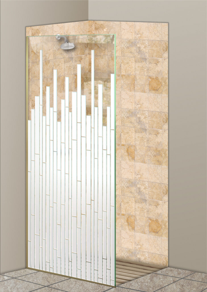 Glass shower divider with modern frosted vertical mosaic pattern in a beige tile shower.