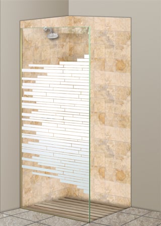 Shower Partition featuring Frosted Glass Design Etched Glass by Sans Soucie Art Glass with Custom Geometric Design Mosaics Horizontal