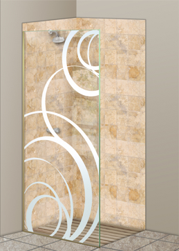 Handcrafted Etched Glass Shower Panel by Sans Soucie Art Glass with Custom Geometric Design Called Motion Creating Not Private