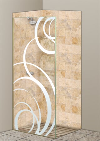 Shower Partition featuring Frosted Glass Design Etched Glass by Sans Soucie Art Glass with Custom Geometric Design Motion