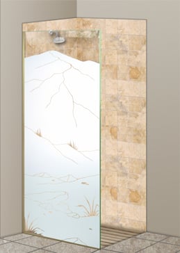 Shower Panel with Frosted Glass Landscapes Mountains Foliage Design by Sans Soucie