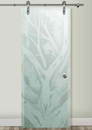 Glass Barn Door with a sandblast Frosted Glass Tree Design Custom-Designed Decorative Etched Glass