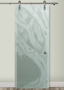 Private Sliding Glass Barn Door with Sandblast Etched Glass Art by Sans Soucie Featuring Oak Tree II Trees Design