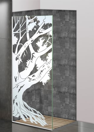 Shower Partition showcasing a Frosted Glass Tree Design with Sandblast Etched Glass Art by Sans Soucie Oak Tree II Design