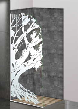 Not Private Shower Panel with Sandblast Etched Glass Art by Sans Soucie Featuring Oak Tree II Trees Design