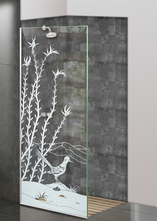 Shower Partition showcasing a Frosted Glass Desert Design with Sandblast Etched Glass Art by Sans Soucie Ocotillo Roadrunner Design