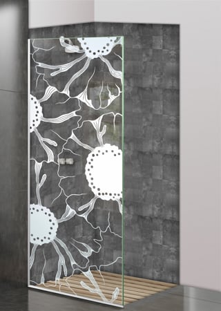 Shower Partition with a Frosted Glass OKeefe Floral Design for Semi-Private by Sans Soucie Art Glass