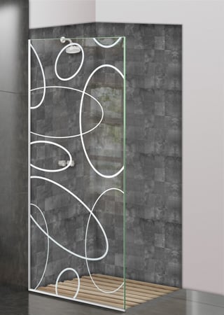 Shower Partition featuring Frosted Glass Design Etched Glass by Sans Soucie Art Glass with Custom Geometric Design Ovals Overlap