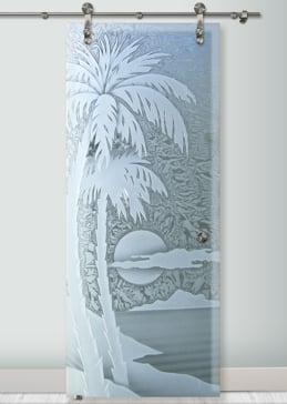 Handcrafted Etched Glass Sliding Glass Barn Door by Sans Soucie Art Glass with Custom Palm Trees Design Called Palm Sunset Creating Semi-Private