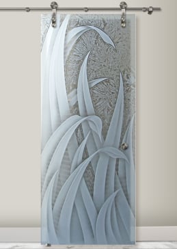 Handcrafted Etched Glass Sliding Glass Barn Door by Sans Soucie Art Glass with Custom Foliage Design Called Reeds Creating Semi-Private