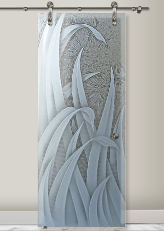 Glass Barn Door featuring Frosted Glass Design Etched Glass by Sans Soucie Art Glass with Custom Foliage Design Reeds