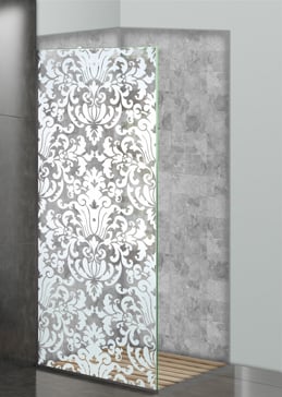Handcrafted Etched Glass Shower Panel by Sans Soucie Art Glass with Custom Traditional Design Called Renaissance Creating Not Private