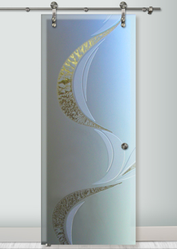 Sliding Glass Barn Door with a Frosted Glass Ribbon Reflection  Geometric Design for Semi-Private by Sans Soucie Art Glass