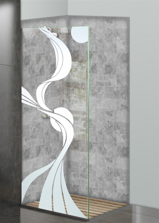 Shower Partition featuring a Frosted Glass Geometric Design Sandblast Etched Glass Ribbon Reflection Moons Design by Sans Soucie
