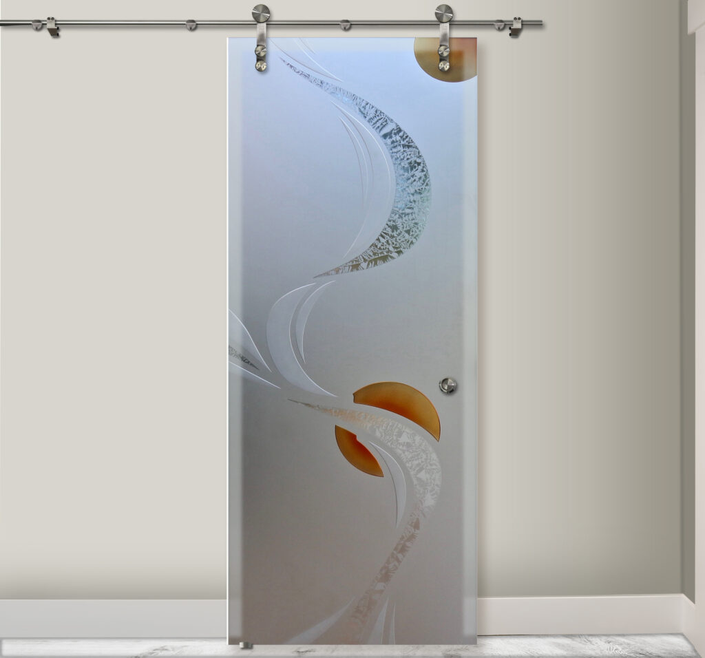 Modern style glass barn door with Ribbon Reflection Moons design