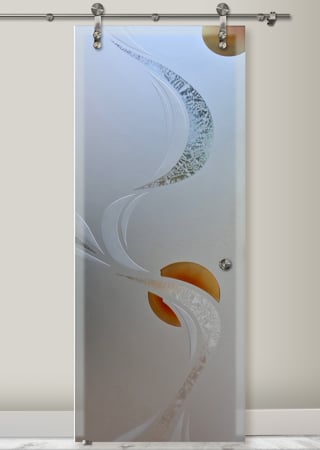 Glass Barn Door featuring a Frosted Glass Geometric Design Sandblast Etched Glass Ribbon Reflection Moons Design by Sans Soucie