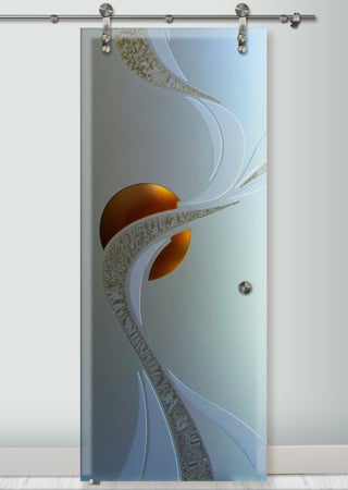 Glass Barn Door with a sandblast Frosted Glass Geometric Design Custom-Designed Decorative Etched Glass