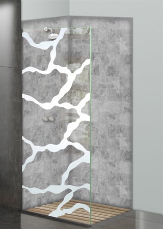 Shower Partition featuring a Frosted Glass Abstract Design Sandblast Etched Glass Rivulet Design by Sans Soucie