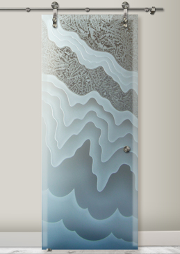 Sliding Glass Barn Door with a Frosted Glass Rugged Waves Abstract Design for Semi-Private by Sans Soucie Art Glass