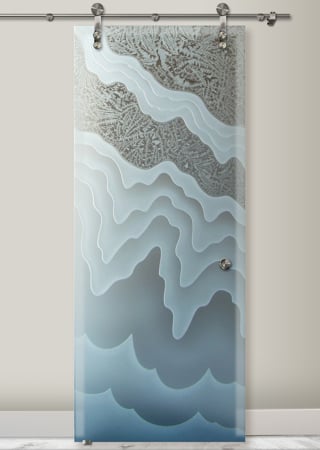 Glass Barn Door with a Frosted Glass Rugged Waves Abstract Design for Private by Sans Soucie Art Glass