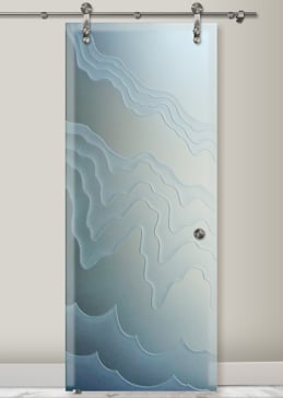 Sliding Glass Barn Door with a Frosted Glass Rugged Waves Abstract Design for Private by Sans Soucie Art Glass