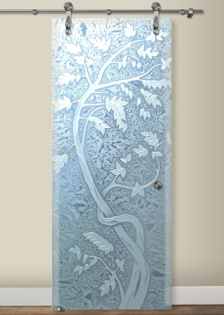 Glass Barn Door with a sandblast Frosted Glass Asian Design Custom-Designed Decorative Etched Glass