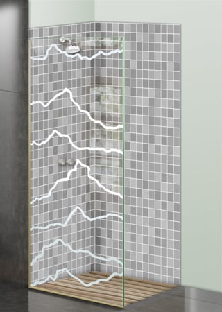 Shower Partition showcasing a Frosted Glass Abstract Design with Sandblast Etched Glass Art by Sans Soucie Serrated Design