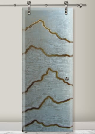 Glass Barn Door showcasing a Frosted Glass Abstract Design with Sandblast Etched Glass Art by Sans Soucie Serrated Design