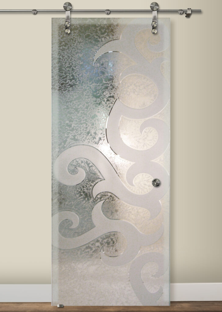 Seville 3D carved and shaded gluechip semi-private design barn door with glass - Sans Soucie Art Glass