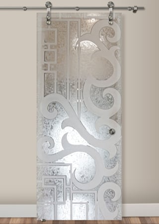 Glass Barn Door showcasing a Frosted Glass Geometric Design with Sandblast Etched Glass Art by Sans Soucie Seville Geo Design