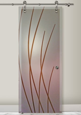 Glass Barn Door with a sandblast Frosted Glass Geometric Design Custom-Designed Decorative Etched Glass
