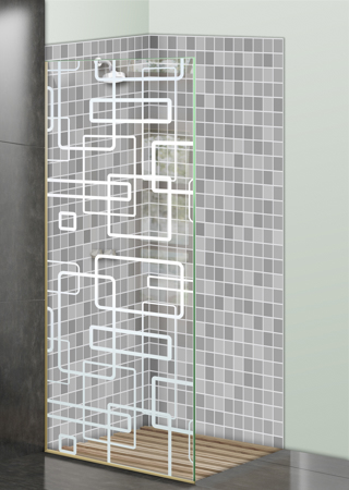 Shower Partition showcasing a Frosted Glass Geometric Design with Sandblast Etched Glass Art by Sans Soucie Soft Squares Design
