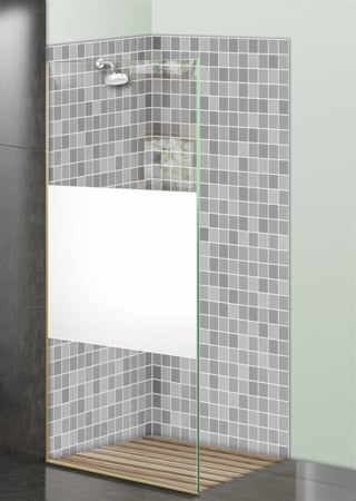 Shower Partition showcasing a Frosted Glass Geometric Design with Sandblast Etched Glass Art by Sans Soucie Solid Band Design