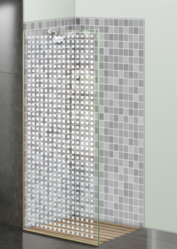 Handcrafted Etched Glass Shower Panel by Sans Soucie Art Glass with Custom Geometric Design Called Squares Creating Not Private