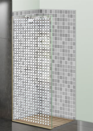 Shower Partition featuring Frosted Glass Design Etched Glass by Sans Soucie Art Glass with Custom Geometric Design Squares