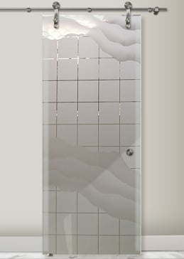 Art Glass Sliding Glass Barn Door Featuring Sandblast Frosted Glass by Sans Soucie for Semi-Private with Geometric Squares & Waves Design