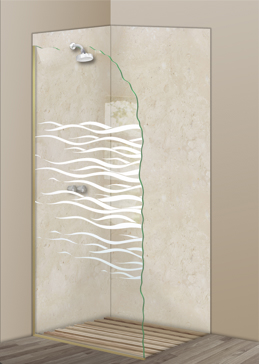 Not Private Shower Panel with Sandblast Etched Glass Art by Sans Soucie Featuring Streaming Wave Tips Geometric Design