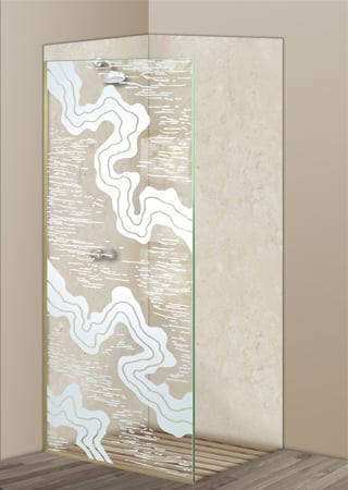 Shower Partition with a Frosted Glass Streams Abstract Design for Semi-Private by Sans Soucie Art Glass