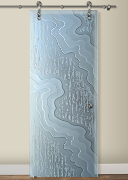 Art Glass Sliding Glass Barn Door Featuring Sandblast Frosted Glass by Sans Soucie for Private with Abstract Streams Vertical Design