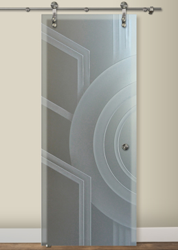 Art Glass Glass Barn Door Featuring Sandblast Frosted Glass by Sans Soucie for Semi-Private with Geometric Sun Odyssey II Design
