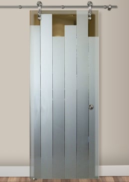 Art Glass Sliding Glass Barn Door Featuring Sandblast Frosted Glass by Sans Soucie for Semi-Private with Geometric Towers II Design