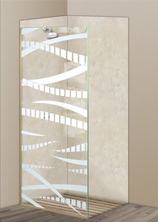 Shower Partition with a Frosted Glass Trails Abstract Design for Semi-Private by Sans Soucie Art Glass