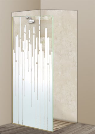 Shower Partition showcasing a Frosted Glass Geometric Design with Sandblast Etched Glass Art by Sans Soucie Trickle Design